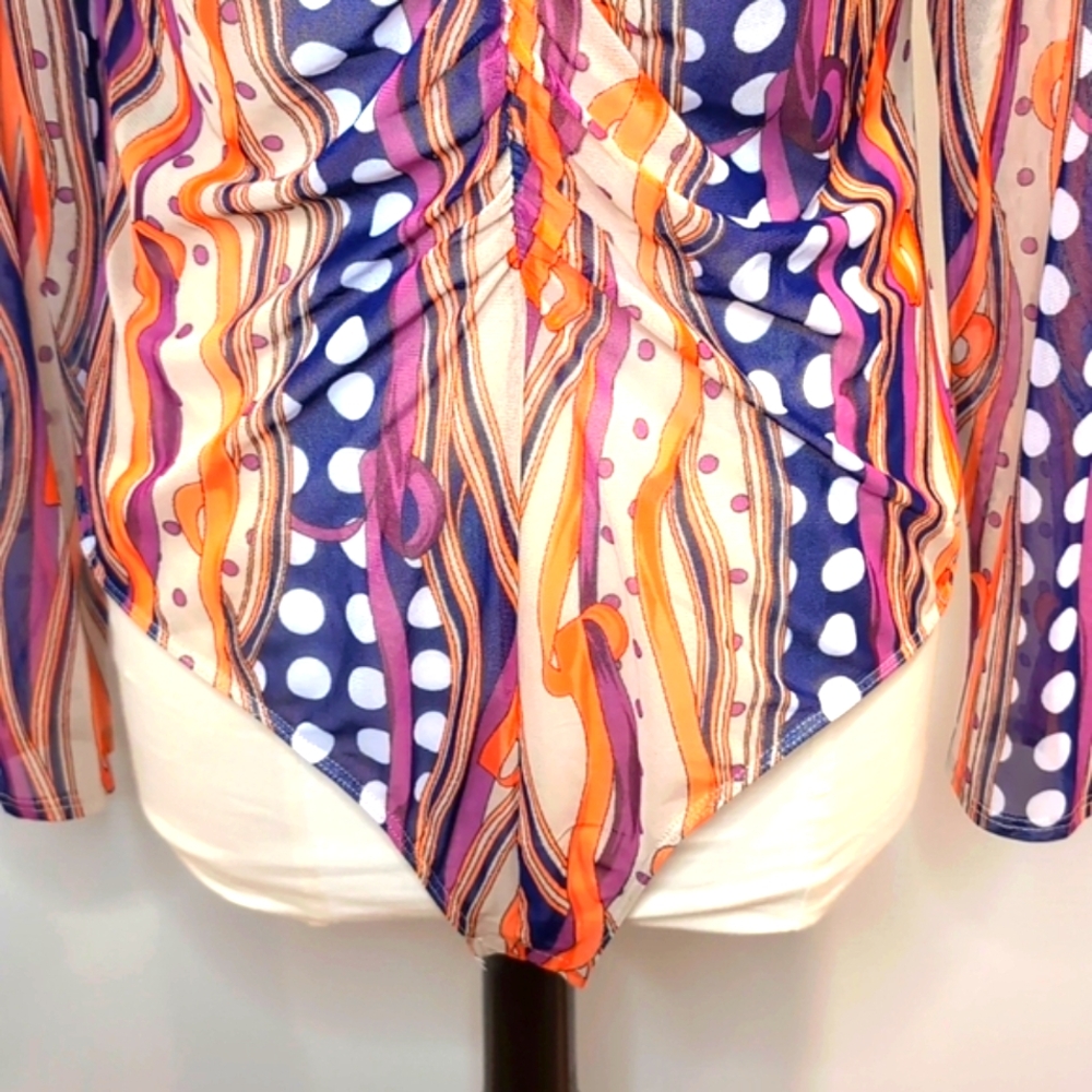 Libian Sheer Multicolor Ruched Bodysuit - Picture 3 of 9